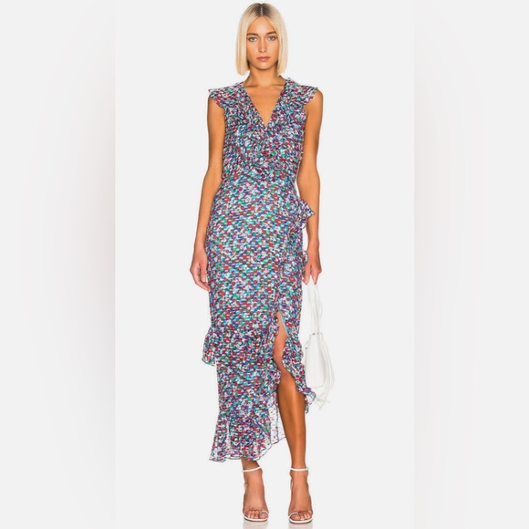 SALONI Blue Red White Print Flocked ANITA Ruffle Silk Maxi - Picture 5 of 6